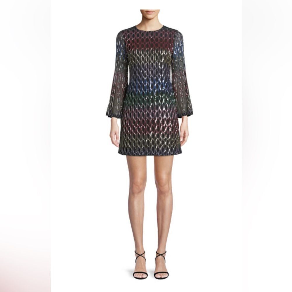 Alice & Olivia Thym Rainbow Sequin Trumpet-Sleeve Cocktail Dress